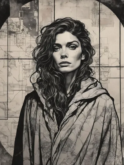 (a drawing of:2) Gia Carangi woman wearing sheer poncho styled by Calvin Klein
inside a post-apocalyptic deserted police station, dusty desks, empty jail cells, faded wanted posters, scattered evidence boxes.
(holding a glowing orb, lightning, glowing eyes...