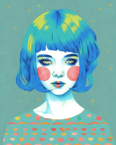 1girl, pattern, bangs,pear colored skin, lipstick, makeup, robin-egg-blue hair, short hair, solo, traditional media,  <lora:Graphic_Portrait_SD15:0.7> , Graphic_Portrait