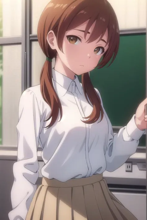 himaritakanashi, <lora:himari takanashi s1-lora-nochekaiser:1>,
himari takanashi, brown hair, twintails, (brown eyes:1.3), low twintails,
BREAK skirt, shirt, school uniform, white shirt, pleated skirt, brown skirt,
BREAK indoors, classroom,
BREAK looking a...