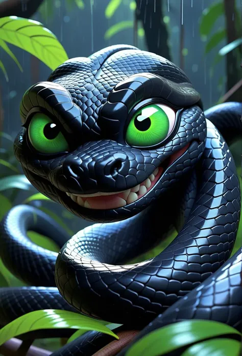 pixar style of black snake,  as a pixar character,   cool,ninja ((( luminous))),at the rain forest, high detailed, photorealistic, 8k