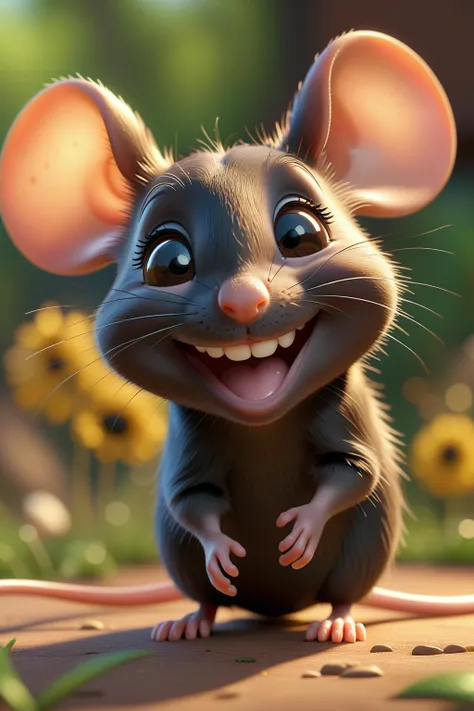 (little mouse),pixar style,8k,realistic,vray,HDR,6000K,perfect light,bokeh,dept of field,photorealistic,masterpiece,high resolution,best quality,
(pixar style),(pixar character:1.2, smiling, happiness, black marking on the eye,