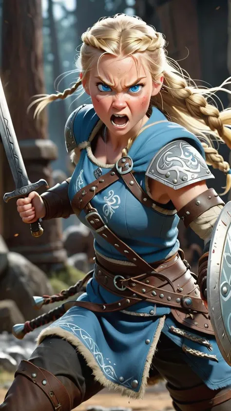 realistic, Viking, 1girl, blue eyes, small breasts, full body image, blonde hair, solo, braided hair, angry, charging into battle, sword with etching in right hand, shield on left arm