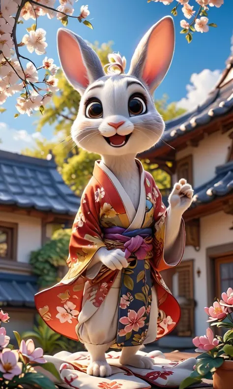 cute rabbit in a kimono, doing yoga on the roof of the house, sunny day, trees, flowers, birds