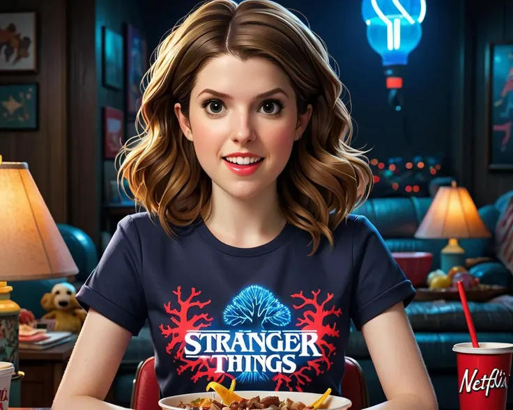 (Pixar style:3),( pixar character, 3d animated render:1.8)   , Annakendrick person (wearing a Netflix Stranger Things series shirt:2)  is invited to a premiere, only to discover its a movie of their own lifes unseen moments   <lora:Dreamyvibes - Alt-Versio...