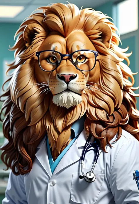 lion doctor, a stethoscope around neck, doctors coat, majestic mane, glasses, hospital background, depth of field, extremely detailed, cinematic light,