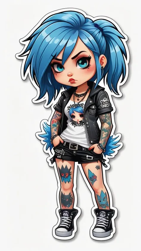 die-cut sticker, sticker, vector, chibi girl, punk outfit, blue hair, tattoos, white background