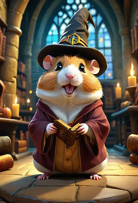 cute  hamster ,wearing The Sorting Hat from harry potter movie,at Hogwarts School of Witchcraft and Wizardry, view from below, atmospheric dreamscape painting, movie scenery  highly detailed visionary art, cgi style, Cozy mystery, masterpiece 8k wallpapper...