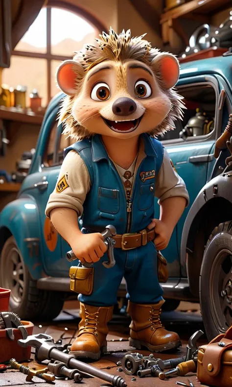 cute hedgehog, dressed as a car mechanic, repairing a car, holding a wrench, boots on his feet, dirty clothes, dirty face, garage, lockers with tools, jack, machine tools