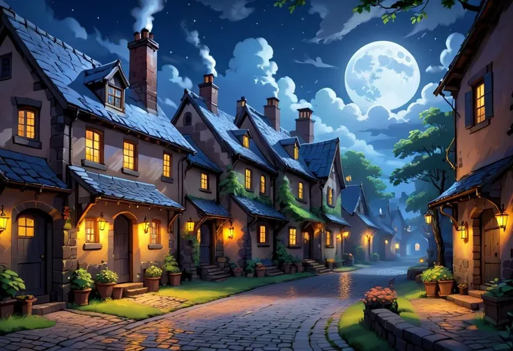 (Pixar animation studios:2.0)   <lora:Dreamyvibes - Alt-Version - Trigger is Dreamyvibes Artstyle:1>, , A radiant dreamyvibes artstyle moonlight bathes an old cobblestone village, its chimneys puffing gentle smoke