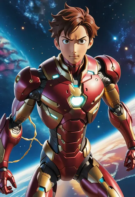 ironman, floating in the universe, anime key visual, vintage 90s manga style, full shot, far distance,  (best quality), (masterpiece), (best lighting), (high detailed skin:1.0),( detailed eyes), 8k uhd, dslr, soft lighting, best quality, film grain, Fujifi...