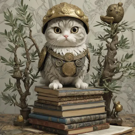 Athena as a wise Scottish Fold, wearing a tiny (helmet:1.2), perched on a stack of ancient books, owl perched beside, intelligent gaze, strategizing battle tactics, surrounded by olive branches, embodiment of wisdom and warfare, scholarly, portrayed with t...