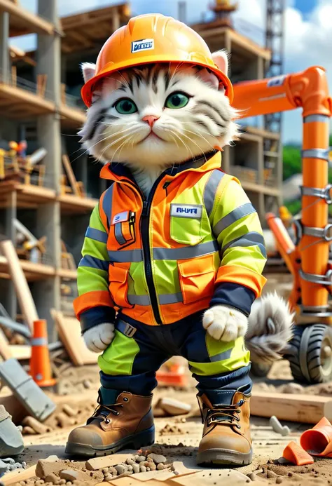 a close up of a cat wearing a construction helmet and safety clothing