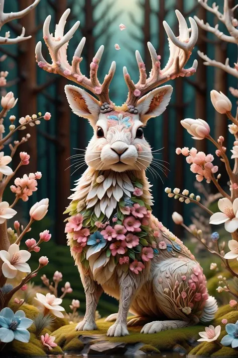 a close up of a rabbit with flowers on its head