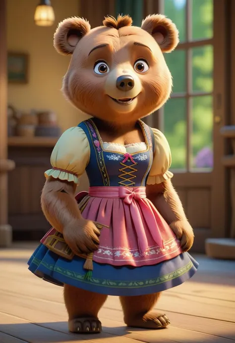 pixar character ,pixar style, Bear wearing Dirndl ,
 detailed face
(best quality), (masterpiece), (best lighting), (high detailed skin:1.0),( detailed eyes), 8k uhd, dslr, soft lighting, best quality, film grain, Fujifilm XT3,