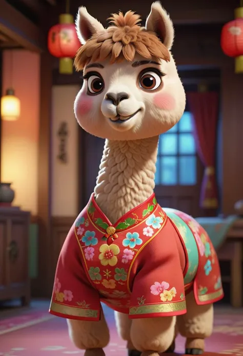 pixar character ,pixar style, Alpaca wearing Cheongsam ,
 detailed face
(best quality), (masterpiece), (best lighting), (high detailed skin:1.0),( detailed eyes), 8k uhd, dslr, soft lighting, best quality, film grain, Fujifilm XT3,