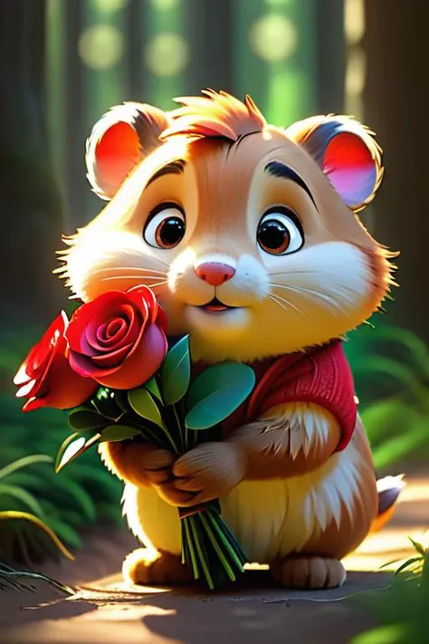 pixar character, hamster, pixar style, cute, sunshine, forest, looks shy, huge bouquet of red roses in hand, very detailed face(best quality), masterpiece, best lighting, high detailed skin, detailed eyes, 8k uhd, dslr, soft lighting, best quality, film gr...