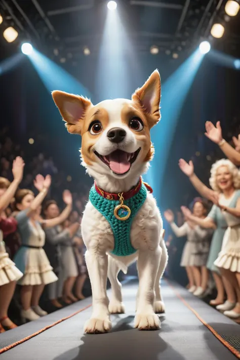 pixar animation style, wide angle shot, a dog supermodel walking on catwalk presenting the latest crotchet dogwear, proud and beautiful, crowded audience clapping, flash lights, extremely detailed, cinematic light, <lora:WildcardX-XL-Detail-Enhancer:1>