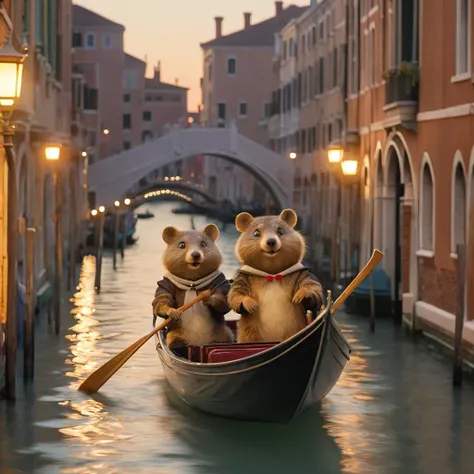 Anthropomorphic Quokkas in a (gondola:1.4), (Venice) backdrop at dusk, serenaded by a gondolier, (lanterns) illuminating the canal, romantic, (soft focus), (f_stop 2.8), capturing (enchantment), (intimacy)