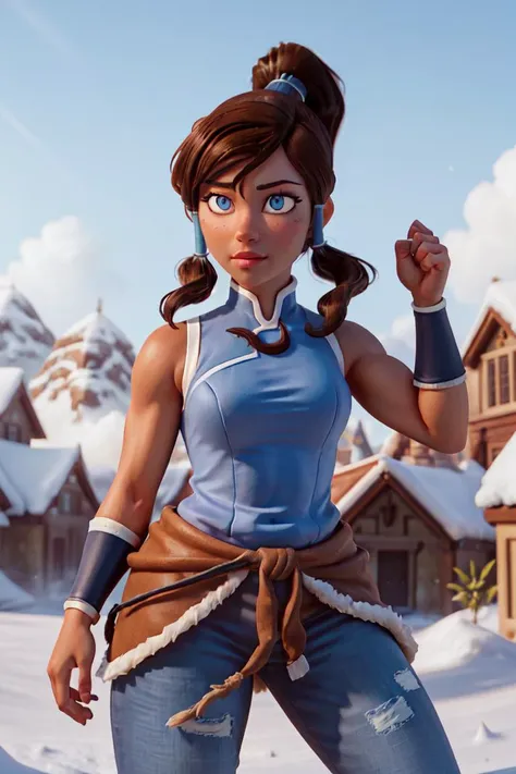 (korra:1.2), muscular woman, (ponytail, hair tubes:1.2), sleeveless, bare shoulders, brown hair, blue eyes, dark blue pants, winter background, snow, winter village, (tan skin, dark skin, dark-skinned female:1.5), (realistic:1.2),  (masterpiece:1.2), (full...