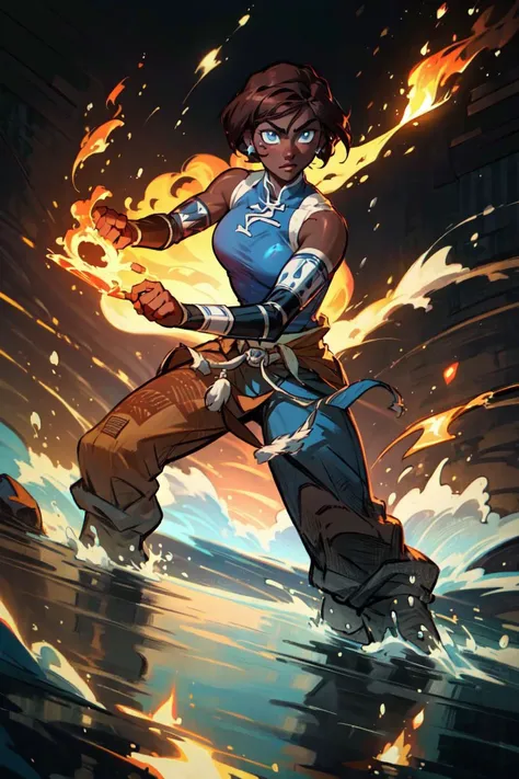 (korra:1.2), (bending elements, manipulating water, manipulating fire, magic, moving water:1.2), muscular woman, (short hair:1.2), sleeveless, bare shoulders, brown hair, blue eyes, dark blue pants, winter background, snow, winter village, (tan skin, black...