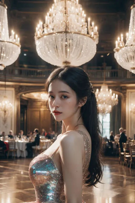 a woman in a dress standing in a large room with chandeliers