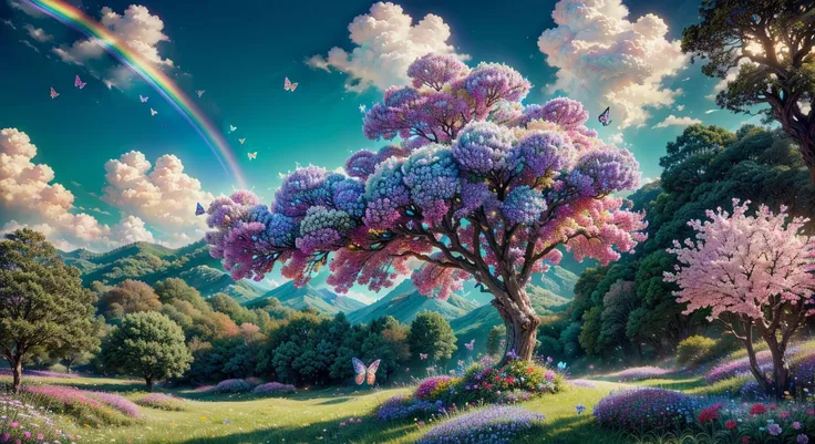 4k, ((masterpiece),(best quality),(ultra-detailed)), wallpaper, epic landscape, ((butterflies)), ((flowers)), colorful, rainbow,...