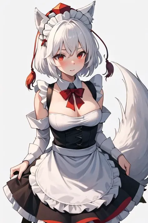 best quality, masterpiece, highres, solo, {maid:1.40}, {long maid dress:1.15}, {inubashiri_momiji_touhou:1.15}, animal_ears, wolf_ears, short_hair, red_eyes, white_hair, hat, tokin_hat, wolf_tail, tail, blush, breasts