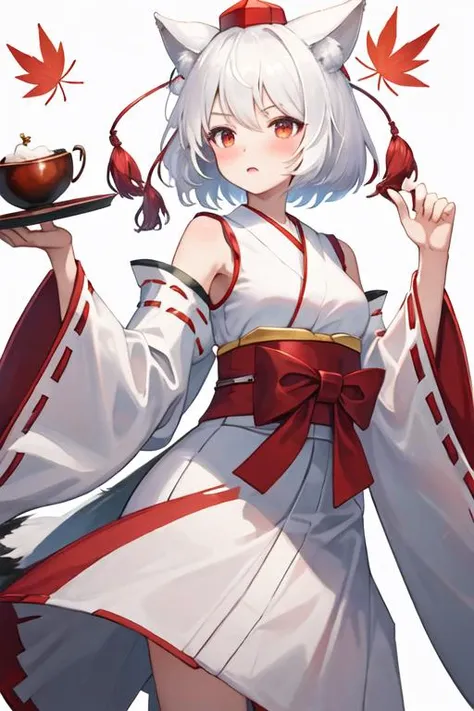 best quality, masterpiece, highres, solo, {white kimono:1.35}, {red hakama:1.35}, {wide sleeves:1.20}, {inubashiri_momiji_touhou:1.15}, animal_ears, wolf_ears, short_hair, red_eyes, white_hair, hat, tokin_hat, wolf_tail, tail, blush, breasts