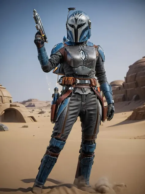 (full body1.5) hyper-realistic shot of bo-katan kryse mandalorian <lora:bo-katan_kryse_mandalorian_queen:0.8> is holding a gun a...