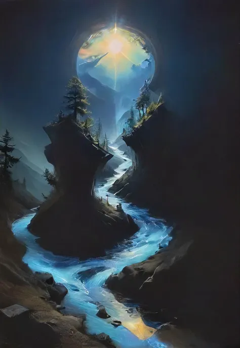 a painting of a river running through a valley with a sun shining over it