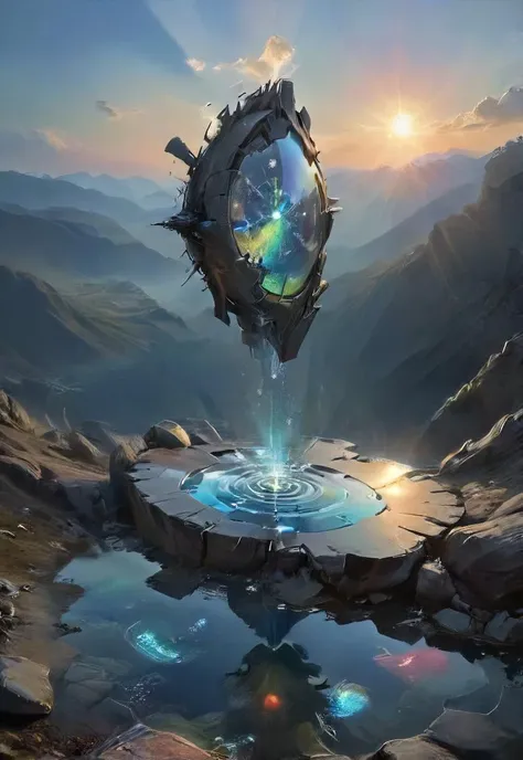 a painting of a futuristic floating object in the middle of a mountain