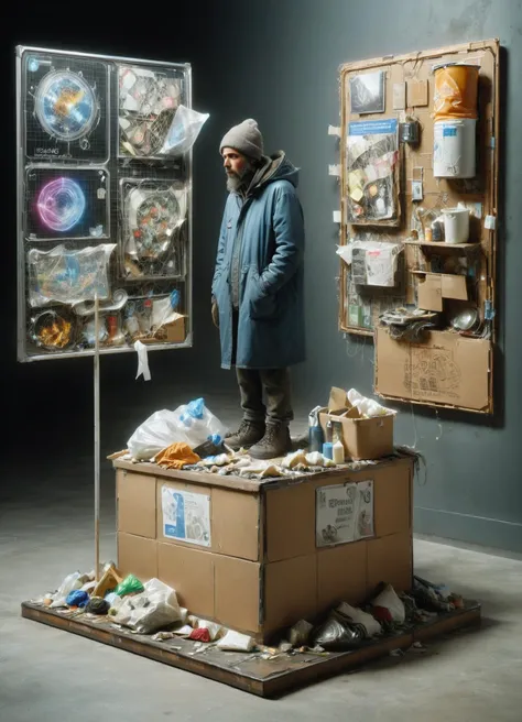 arafed man standing on a box in front of a display of objects