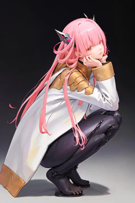 masterpiece, best quality, highres, 1girl pink hair horns, open coat bodysuit <lora:charion_isekai_ojisan:1> squatting, head rest, from side, looking at viewer