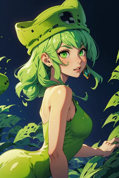 absurdres, best quality, 1girl, solo,  <lora:slime-nvwls-v1:0.8>, slim3, (green skin)), slime girl, green hat, green dress, colored skin, monster girl