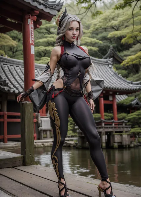 a woman in a black outfit posing on a dock near a pond