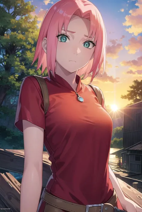 sakuraharuno, <lyco:sakura haruno shippuuden-lyco-nochekaiser:1>,
noheadband sakura haruno, short hair, (green eyes:1.5), pink hair,
BREAK shirt, (red shirt:1.5), short sleeves, vest,
BREAK outdoors, forest, sky, clouds, nature, sun,
BREAK looking at viewe...