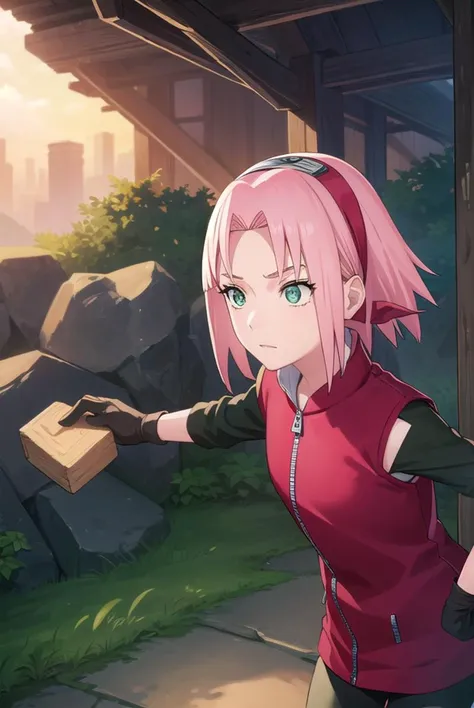 sakuraharuno, <lyco:sakura haruno shippuuden-lyco-nochekaiser:1>,
default sakura haruno, short hair, (green eyes:1.5), pink hair, (parted bangs:1.5), hairband, forehead protector,
BREAK gloves, green eyes, sleeveless, black gloves, red shirt, zipper, foreh...