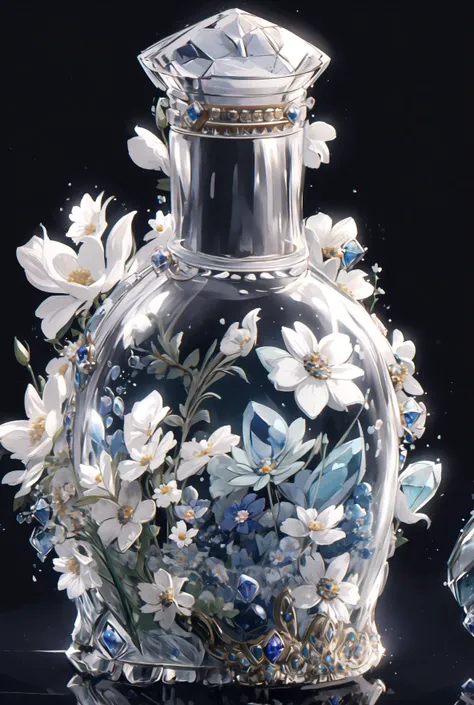 absurdres, highres, ultra detailed, blue vaze, no humans, still life, gem, flower, black background, simple background, (white flower <lora:vaze-noise:0.9>), (1girl solo:1.1), Girl in a bottle in white clothes,