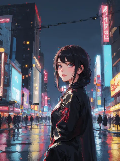 masterpiece, best quality, 1woman, dark hair, swept back hair, braid, solo, night, colorful, cityscape, cyberpunk, light smile, city pop, vector illustration, heavy rain <lora:flat_chest_v2:0.5> <lora:GPTS5 Heavy_387306:0.8> <lora:urbansamurai_v0.3:0.3> <l...