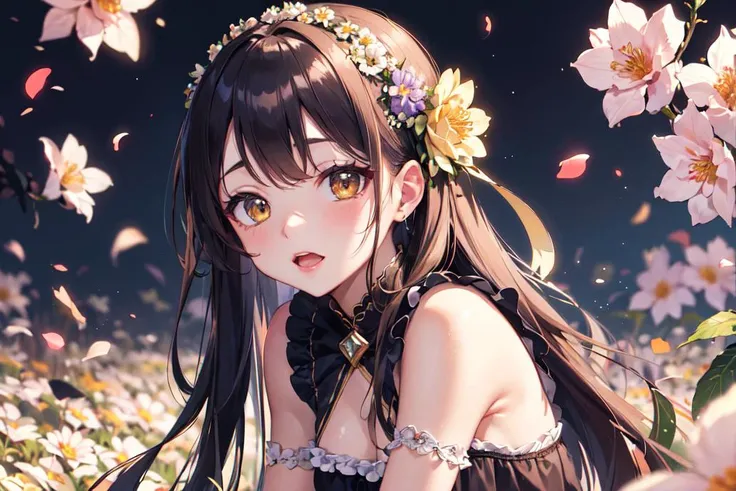 absurdres, highres, (ultra-detailed background, detailed background), extremely detailed, (1girl, solo), (kawaii:1.2), ([ flowers | yellow Light Effects | flower petal effects ]:1.3),