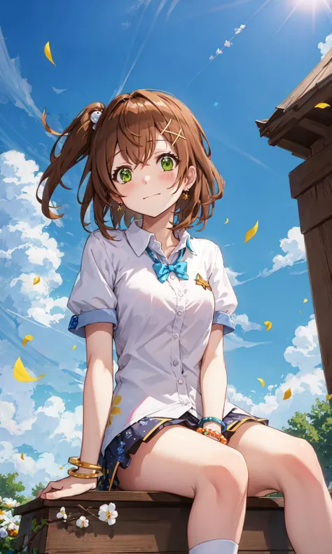 reina hidaka (denonbu), (best quality, 8K, masterpiece, ultra detailed:1.2), cinematic angle,
day, dappled sunlight, blue sky, beautiful clouds, lens flare, sparkle, light particles, wide shot,
1girl, solo, shirt, bracelet, earring, alley, sitting, slight ...