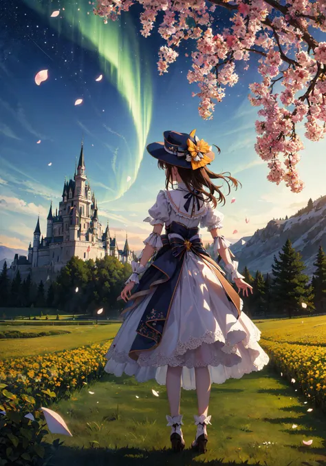 1girl, minako satake (million live), brown hair, ponytail, (best quality, 8K, masterpiece, ultra detailed:1.2), (lens flare, light particles, sparkle), depth of field, night, dappled, gradient sky, starry sky, aurora, (magician hat, magician girl, potion, ...