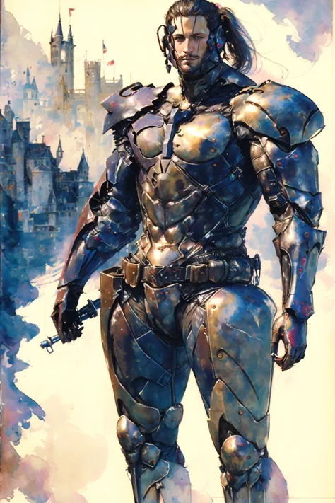 a painting of a man in armor standing in front of a castle