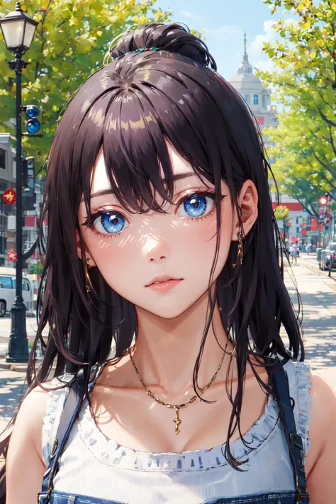 anime girl with blue eyes and a blue denim dress