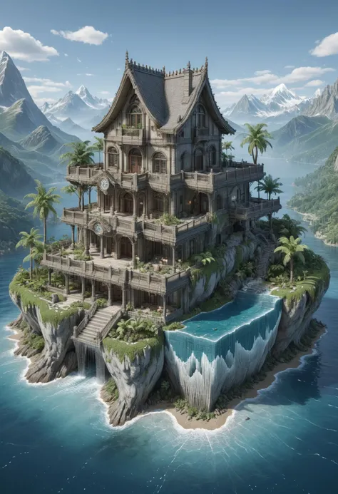 a large house on a small island in the middle of the ocean