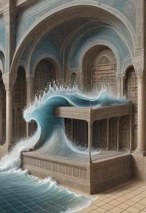 painting of a large wave crashing into a pool of water