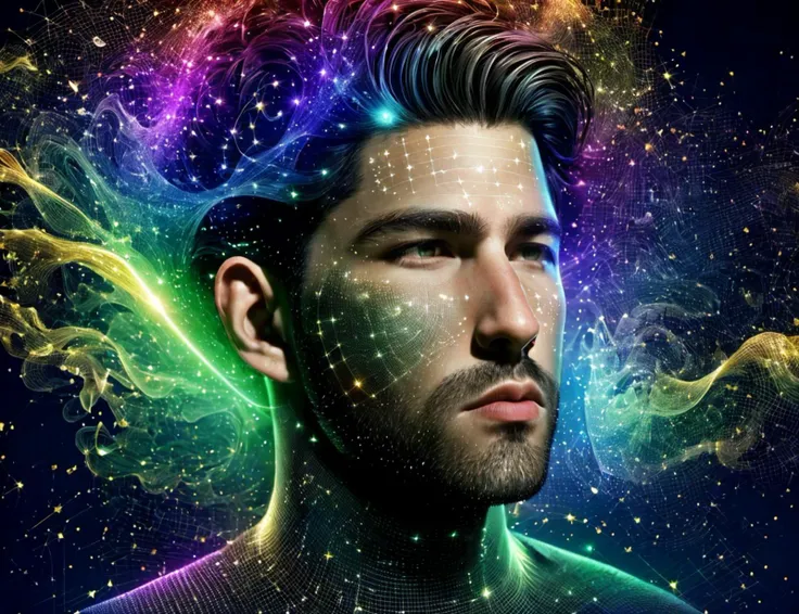 a man with a colorful hair and a beard looks at the stars