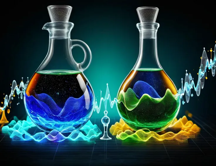 two glass bottles with liquid and a wave in them