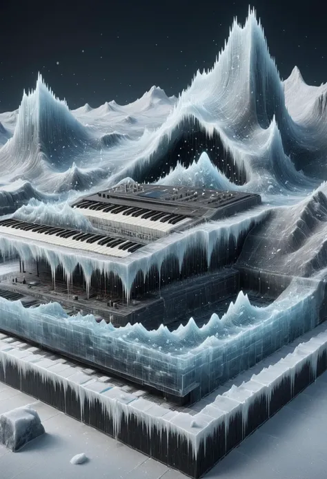 a close up of a piano in a frozen landscape with mountains