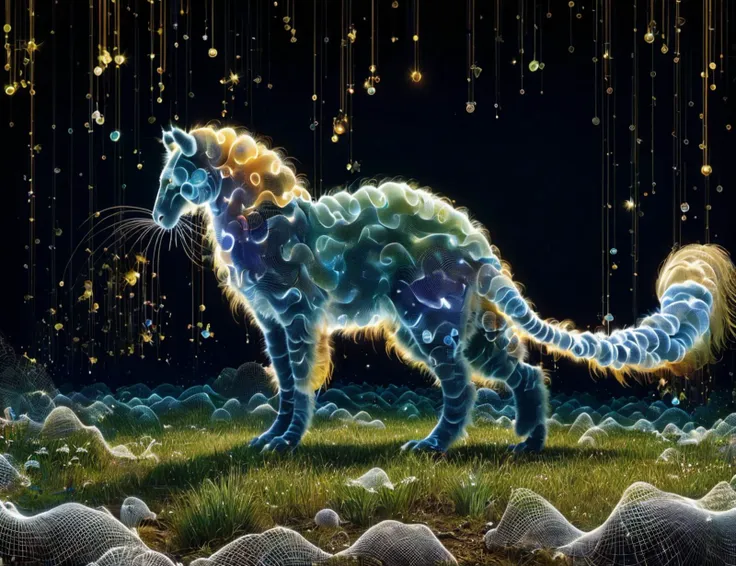 painting of a cat with a glowing tail and tail standing in a field